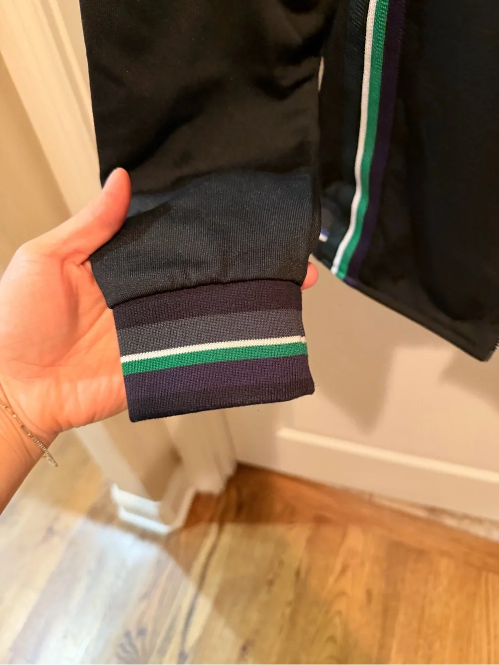 Alexander McQueen Black Bomber Jacket with Green & Teal Stripe Accents